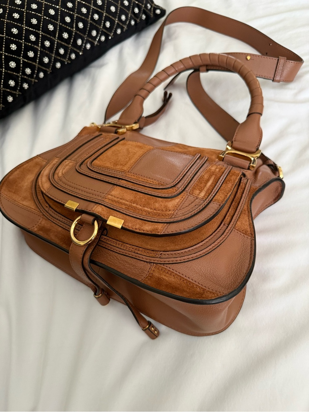 The Chloé Marcie Leather & Suede Patchwork Satchel in Dusty Tan NWT - Picture 8 of 17